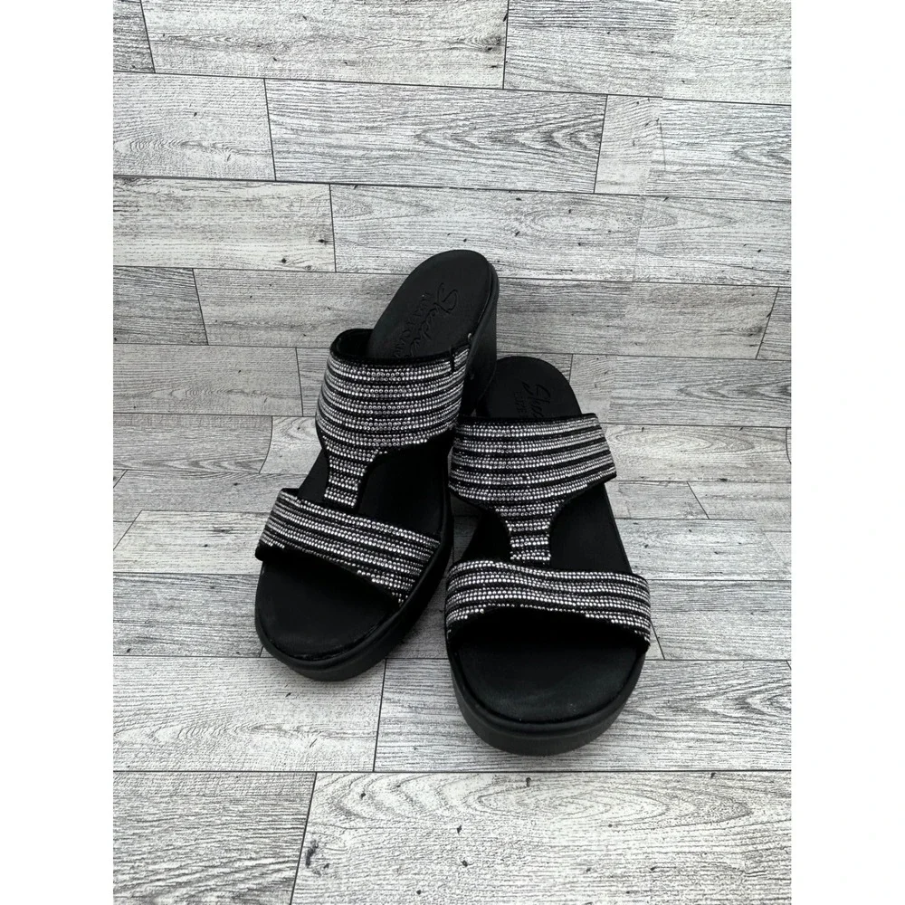 Skechers Luxe Foam Black Silver Rhinestone Wedge Sandals 119001 BKSL Women Sz 10